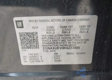 2019 Chevrolet Equinox Lt z USA, uszkodzony, nr VIN 2GNAXUEV3K6223985